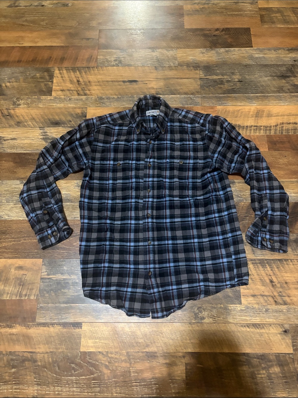 Men's Carhartt Blue and Black Plaid Button-Up Shirt